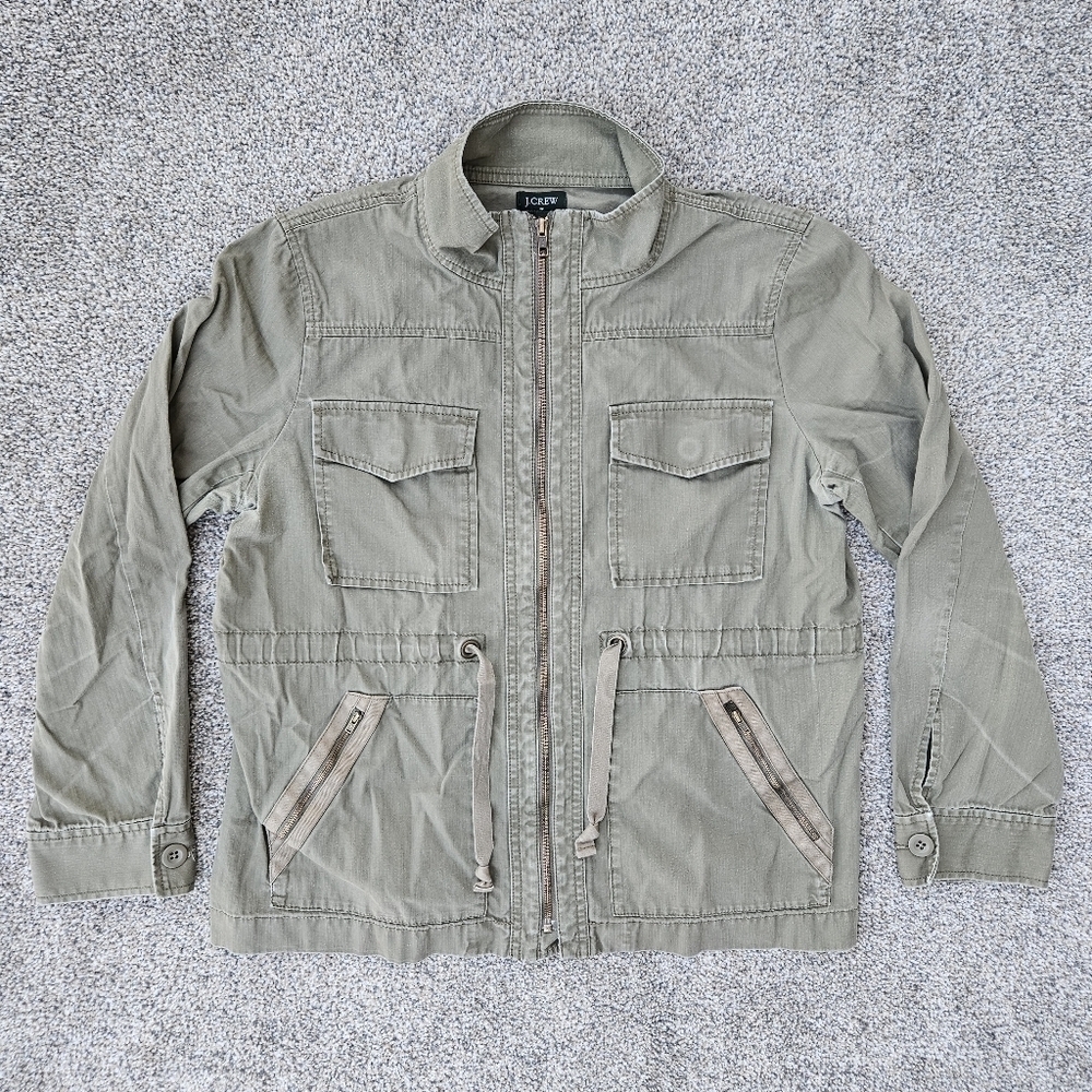 J Crew Military Field Jacket Olive Green Pockets Zip Up Cinch Waist Womens Large